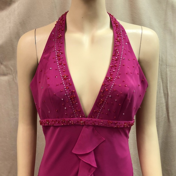 Vintage 90's Raspberry Pink Ruffle Halter Gown - Picture 2 of 8